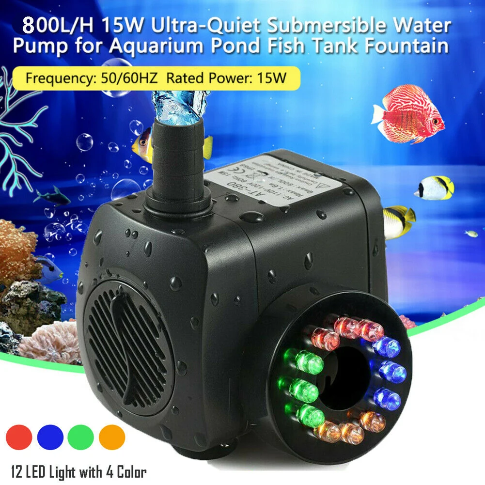 15W 220V Iegremdējamais Ūdens Sūknis Ar 12 LED gaismas 220-240V 800L/H Akvārija Zivju Tvertnes Dīķa Strūklaka ES/UK/US Plug Attēls 0