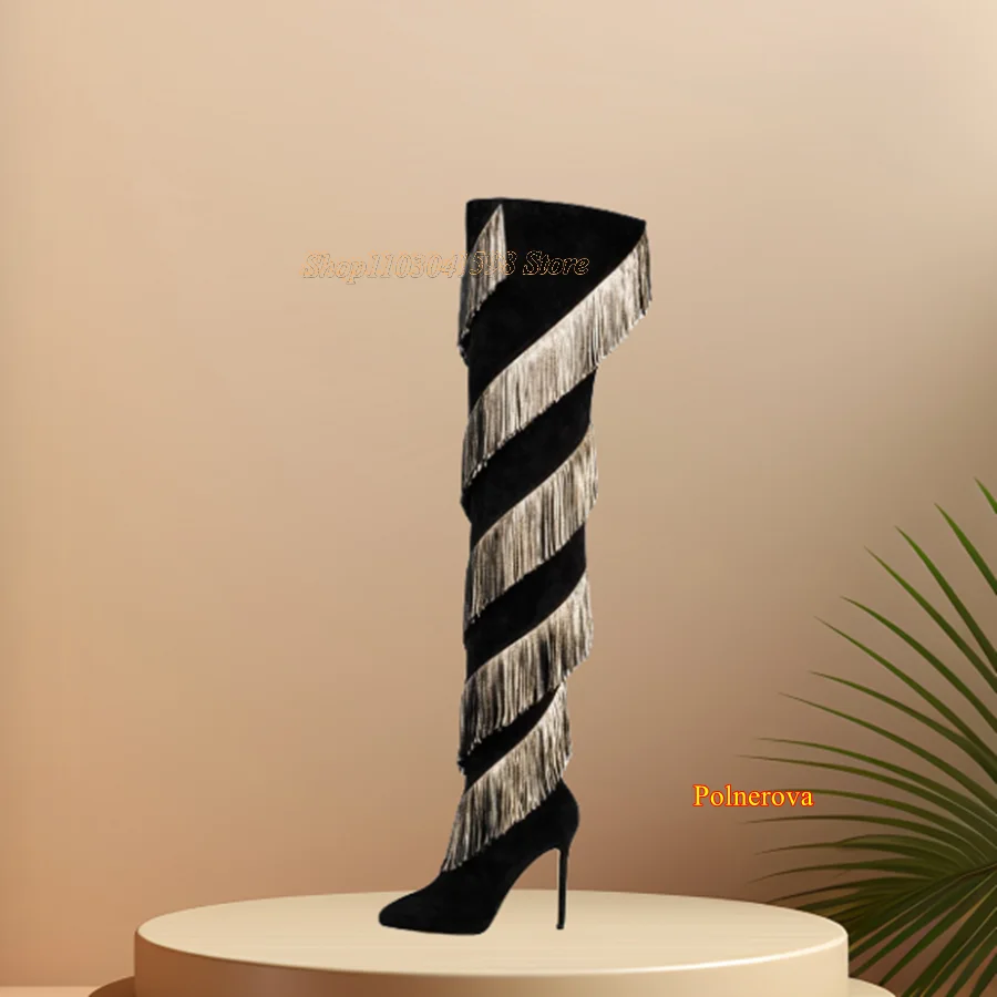 Modes Fringed Zamšādas Zābaku Apavi Sievietēm,Norādīja Toe Duncis Pār-The-Ceļgala Zābaki Rudens Ziemas 2023 Jaunu Zapatos Para Mujere Attēls 0