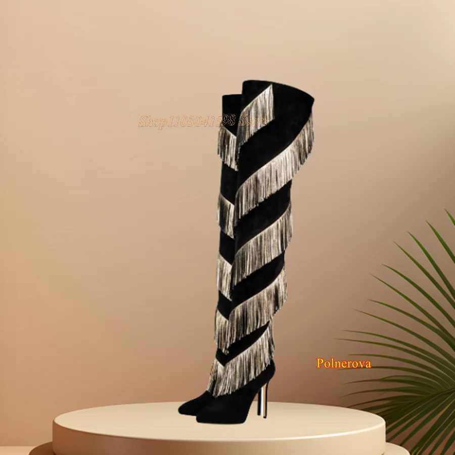 Modes Fringed Zamšādas Zābaku Apavi Sievietēm,Norādīja Toe Duncis Pār-The-Ceļgala Zābaki Rudens Ziemas 2023 Jaunu Zapatos Para Mujere Attēls 1