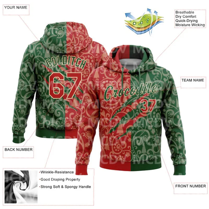 Pasūtījuma Šūtas Zaļš Sarkans-Vai 3D Ziemassvētku Sporta Džemperi sporta Krekls pelēkā vārna Attēls 1