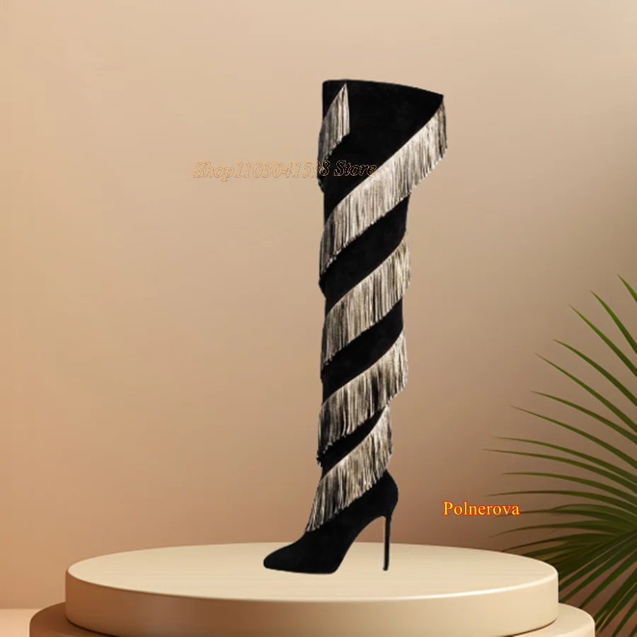Modes Fringed Zamšādas Zābaku Apavi Sievietēm,Norādīja Toe Duncis Pār-The-Ceļgala Zābaki Rudens Ziemas 2023 Jaunu Zapatos Para Mujere Attēls 2