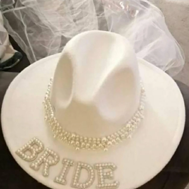 Līgava CowboyHat Ar Plīvuru, Bachelorette Party Hat Līgava Fedora Cepuri Balta Līgava Cowgirl Cepure Ar Plīvuru Līgavas Puses Cepure Attēls 4