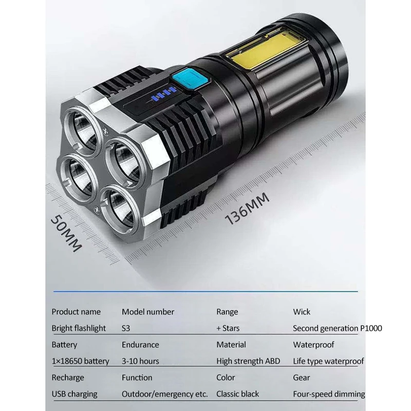 4-Core Lukturīti, Super Spilgti Uzlādējams kabatas Lukturītis Multi LED lielos attālumos Uzmanības centrā COB Gaismas Āra Zvejas Attēls 5